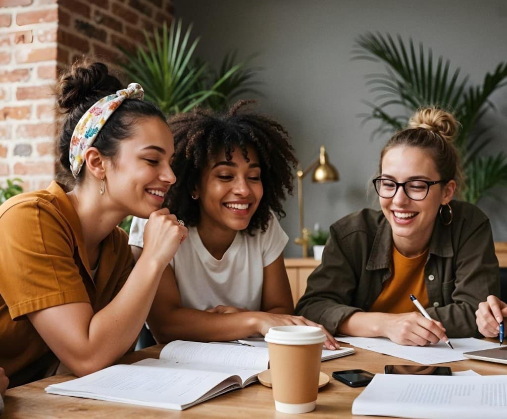 Three students collaborating at a table with notebooks
